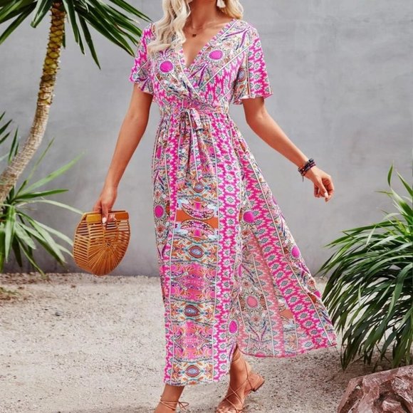 Butterfly Sleeve Split Side Belted Dress